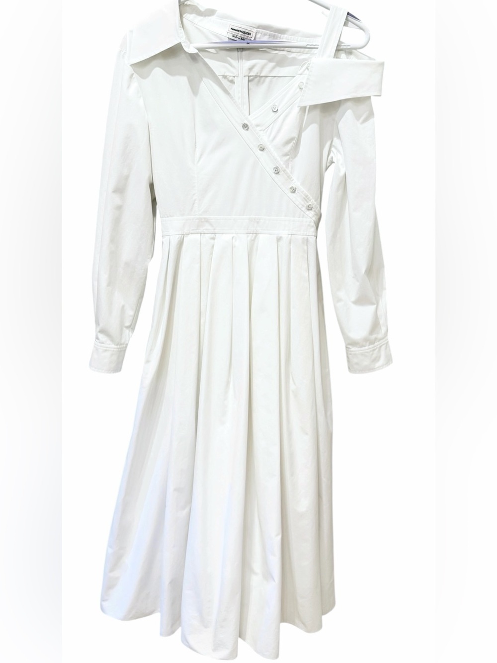 Alexander McQueen White Poplin Cotton Asymmetric Off-Shoulder Midi Dress Shirt